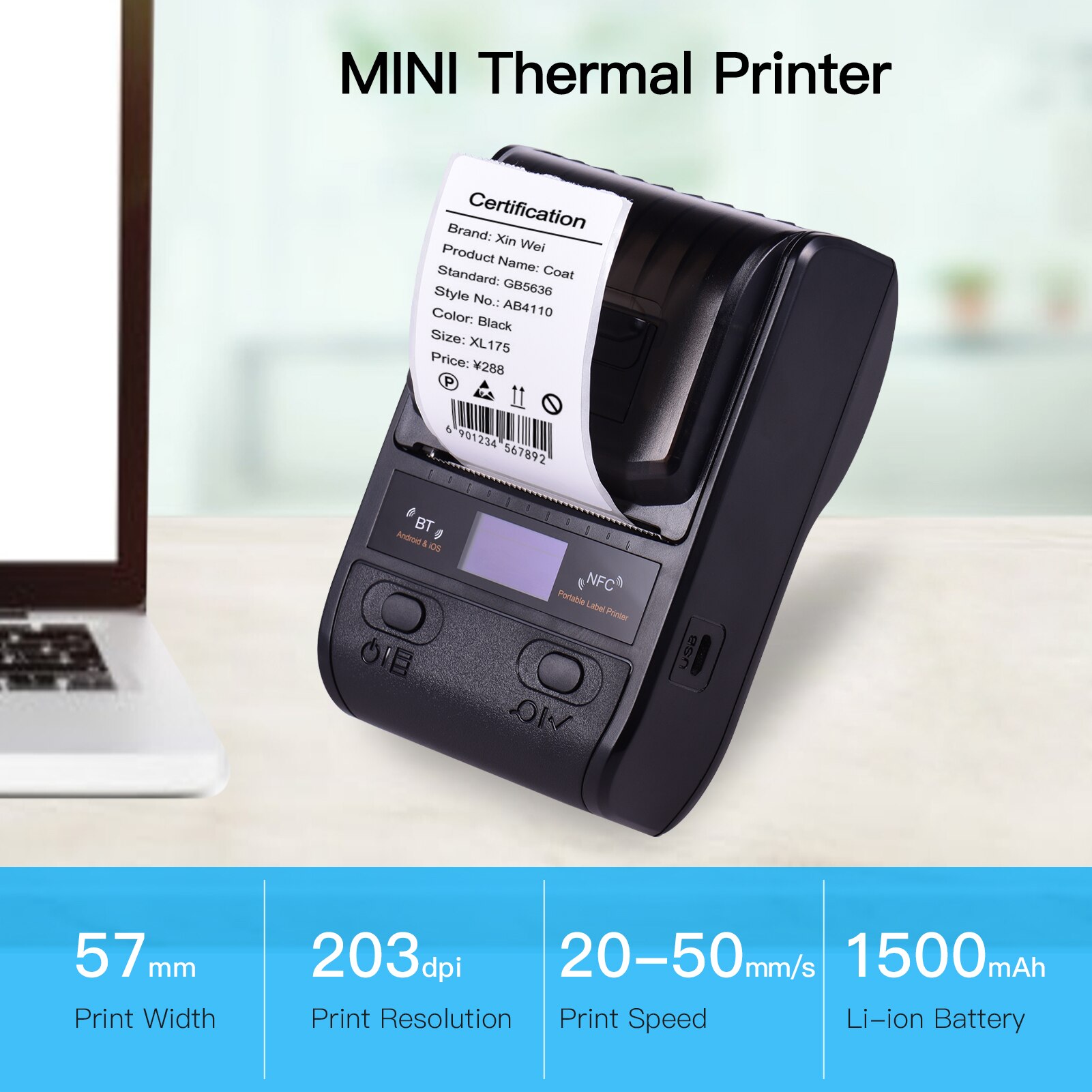 DP23 Mini Portable Thermal Printer Wireless Receipt Printer 58mm Ink-free USB NFC Bluetooth Label Printer For Windows Android PC