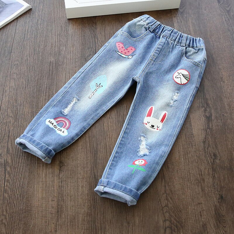 Children's jeans spring autumn baby girls jeans children Bunny cartoon pattern pants Hole jeans kid casual pants retail 3-8T