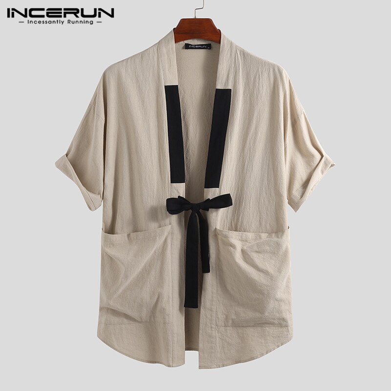 INCERUN Style chinois hommes chemise Kimono coton solide Harajuku poches demi manches hauts Streetwear Vintage hommes chemises décontractées