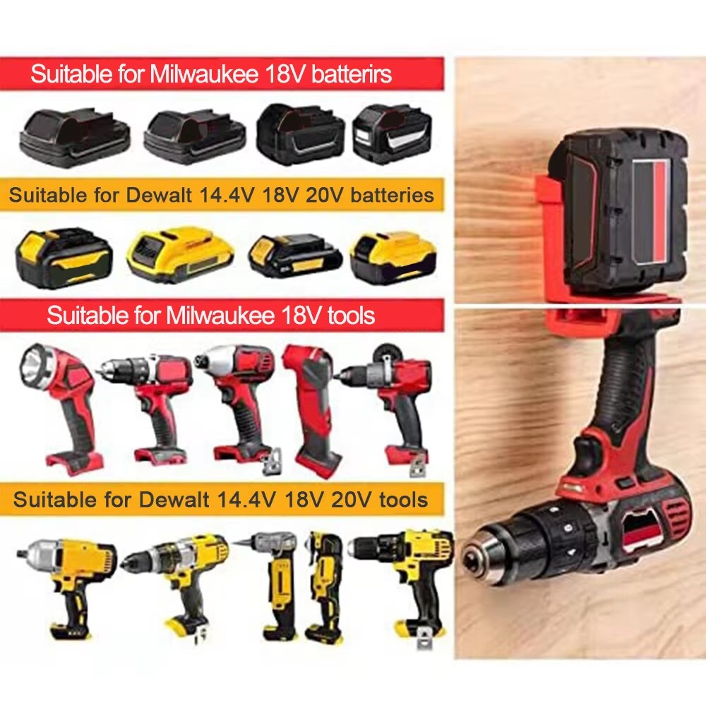 5 stk. 2-- i- -1 verktøyoppheng og dokk - veggmontert batteriholder til dewalt 20v og milwaukee 18v batterier
