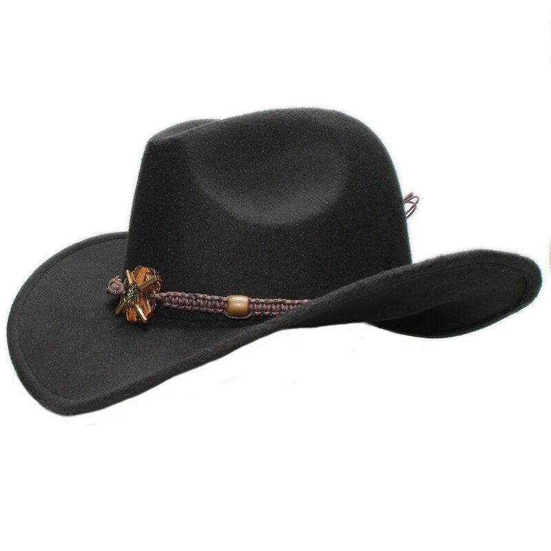 Sombrero de vaquero de ala ancha para hombre y mujer, gorro de lana de estilo Vintage, estilo occidental, Formal, con lazo, banda de cuentas de punto de madera, 61cm, talla grande