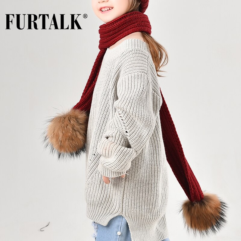 FURTALK – écharpe tricotée à pompon en vraie fourrure pour enfants, pour filles et garçons, CH021