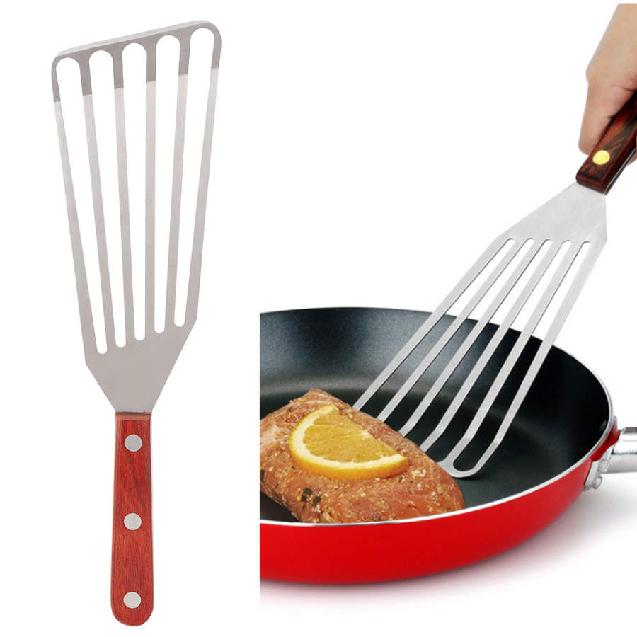 Multifunktions stekspatel i rostfritt stål med trähandtag slitsad vändare spade spatel kök matlagning grillverktyg