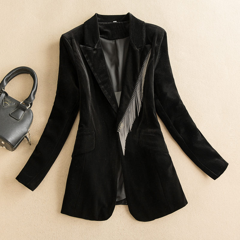 Chaqueta de traje de terciopelo negro dorado para mujer, chaqueta de de autocultivo con temperamento, abrigo con borlas de gama alta y901, primavera y otoño