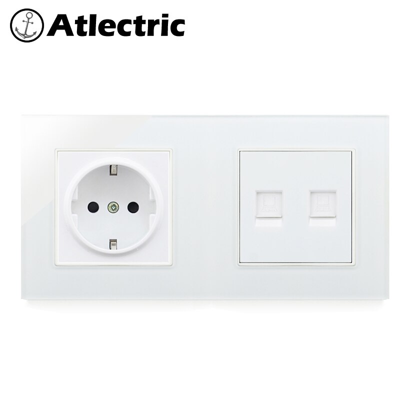 Atlectric EU DE Standard Plug Wall Power Socket RJ45 Computer TV PC Port Double Socket Power Electrical Outlet Tempered Glass