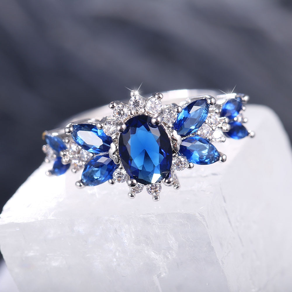 Blue Cz Ringen Vrouwen Blauwe Bloem Ring Voor Vrouwen Plant Sieraden Grote Zirkoon Ring Engagement Ringen Voor vrouwen