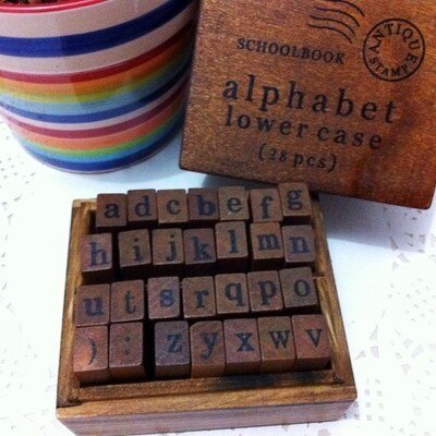 Alphabet Stamp Box Lower Case or Upper Case Letter Hand Writing Stamp Antique Wooden Rubber Stamp with Case 28 Characters: Lower case