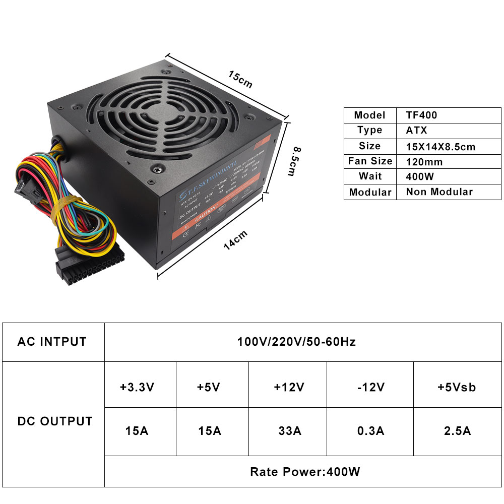 400W Power Supply ATX Active PFC PC Non-Modular 110V/220V 50-60HZ 120MM Silent Fan High Efficiency Power Supply Energy Saving