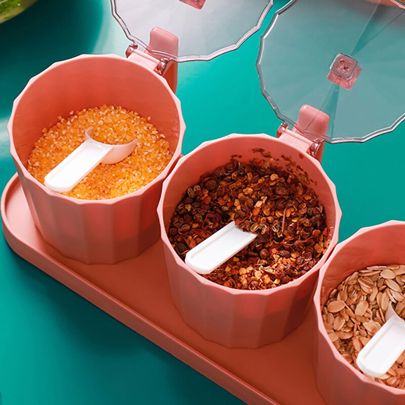 Kitchen Spice jar Set Multi-grids Seasoning Box With Lids Spoon Plastic Pepper Salt Condiment Bottle Kitchen Tools Accessories