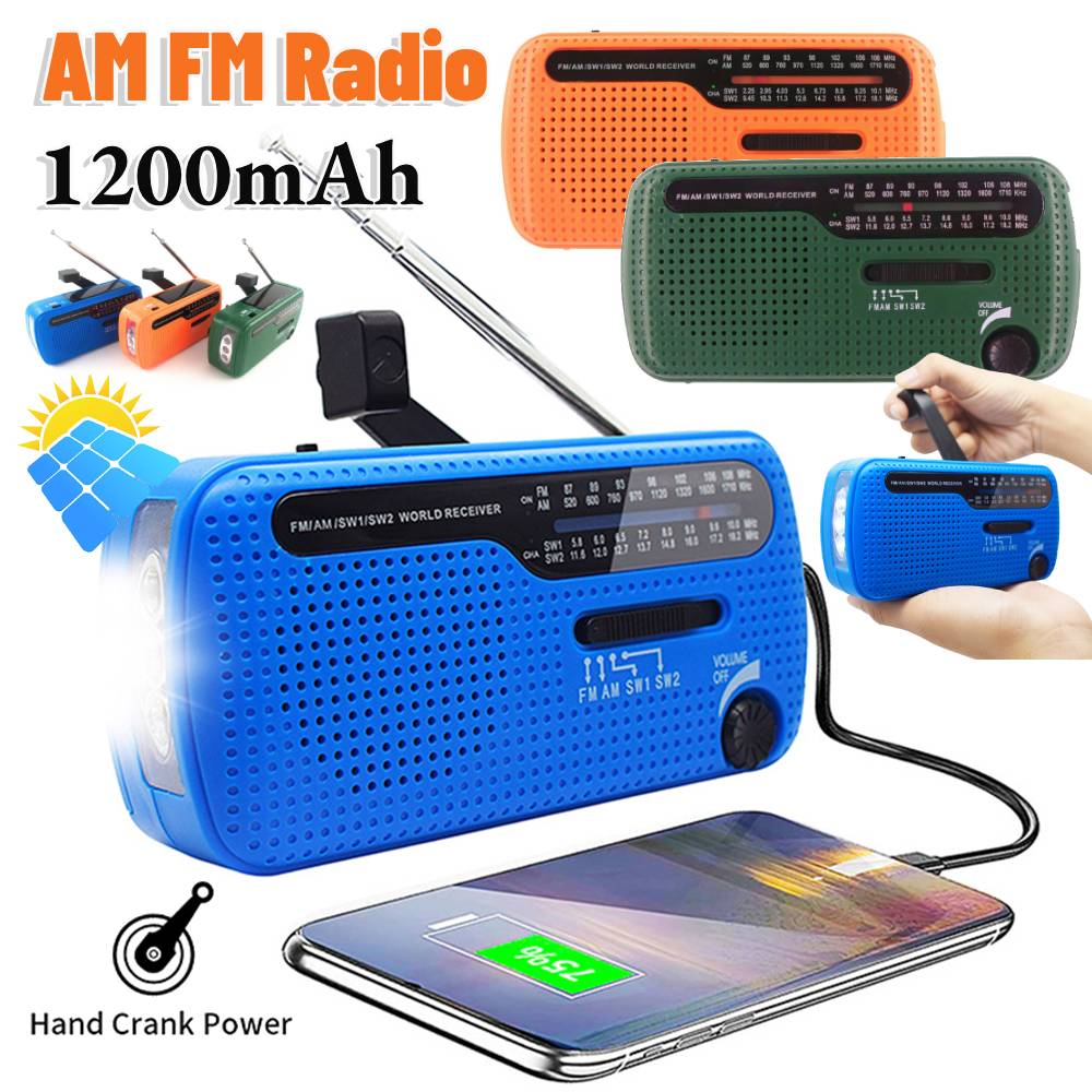 Radio multibanda AM/FM con manivela manual, Radio Solar recargable de 1200mAh, Radio de emergencia portátil para exteriores con linterna LED