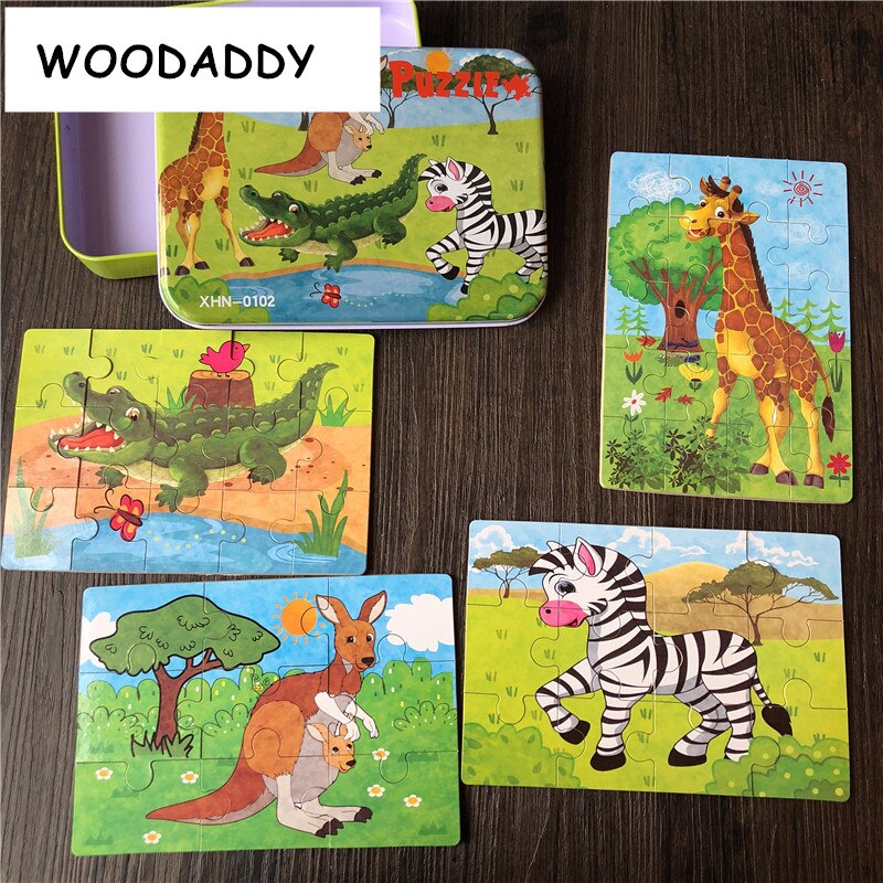 4 In 1 Puzzles 9/12/15/20Pcs Puzzles/Set With Iron Box Wooden Toys For Kids Educational Baby Toys Learning