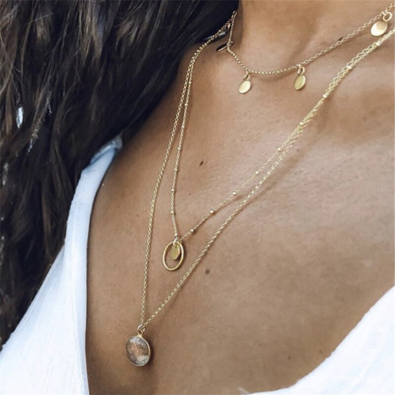 Docona Bohemian Moon Pendant Necklace for Women Rose Flowers Multilayer Shell Heart Gold Chain Chokcer Jewelry: 8712