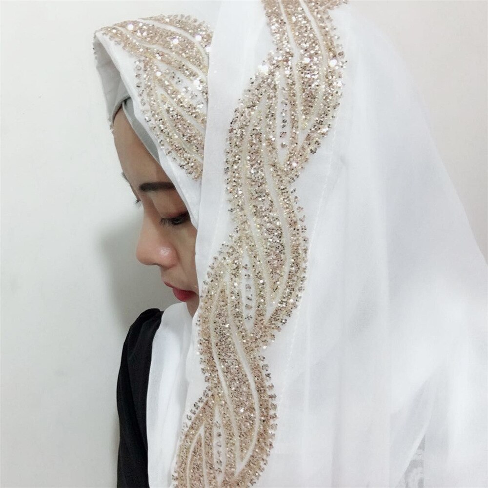 Fblus clurs dubai rejse skinnende tørklæde moske tørklæde dame chiffion farveblok hijab tørklæde sjal: Hvid