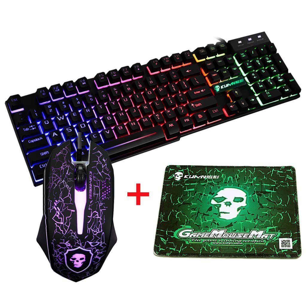 Colorful Backlight USB Keyboard Kit Wired Gaming Keyboards 2400DPI LED Gaming Mouse Combo with Mouse Pad Mix Backlit Mice: Black