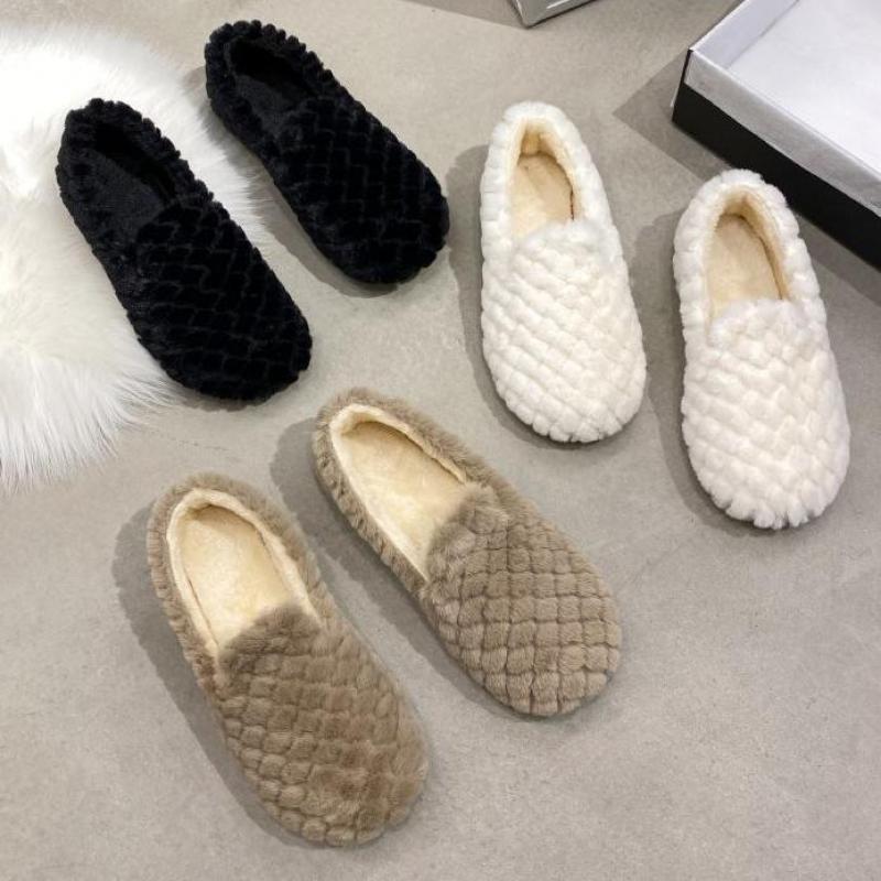 Sans lacet chaussures plates femme chaussures plates en peluche hiver chaussures grande taille femmes chaussures mocassins couleur unie confortable dames chaussures