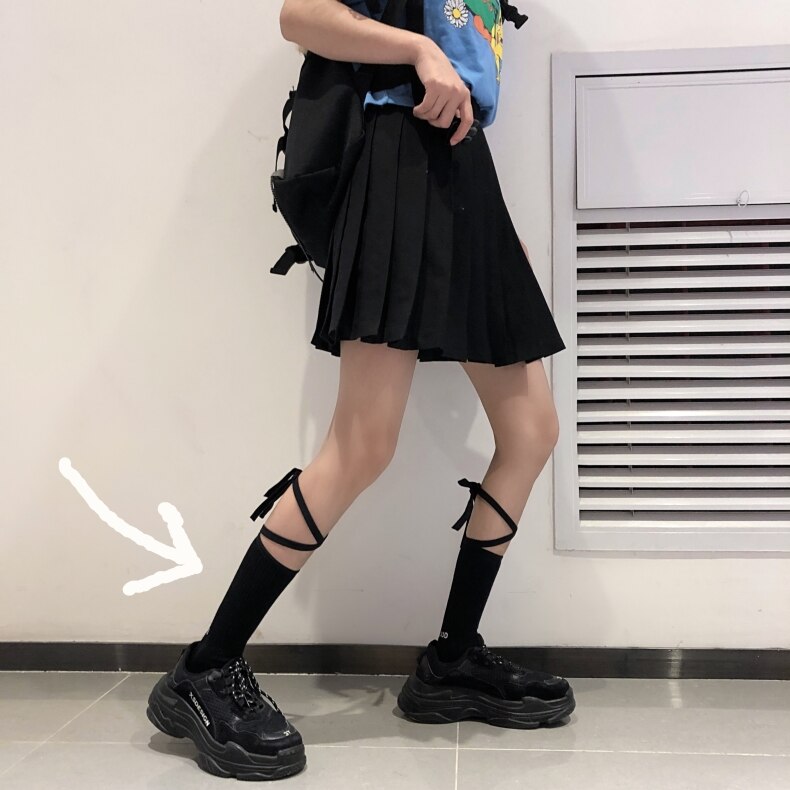 Femmes coréenne Style rétro dentelle chaussette fille Harajuku gothique Punk jarretière ceinture chaussettes Anime Lolita à lacets bas Streetwear: primary color black