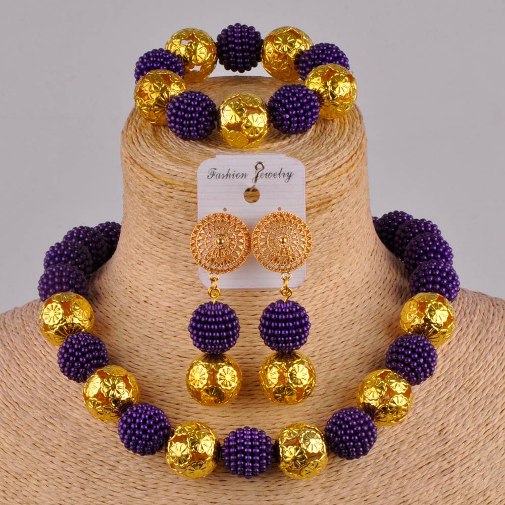 Klassieke nigeriaanse trouwsieraden, afrikaanse bruidsjurkaccessoires, perzikkleurige imitatieparelkettingset (az -77): Paars