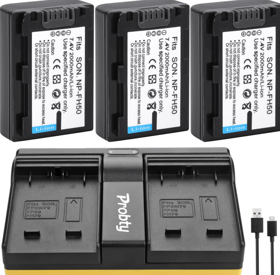 NP-FH50 Batteria + Caricabatterie Per Sony NP-FH40 DSC-HX1 HX100V DSLR A230 A330 DCR-SR42 DCR-SR60 DCR-SR62 DCR-SR80 DCR-SR82: 3battery and charger