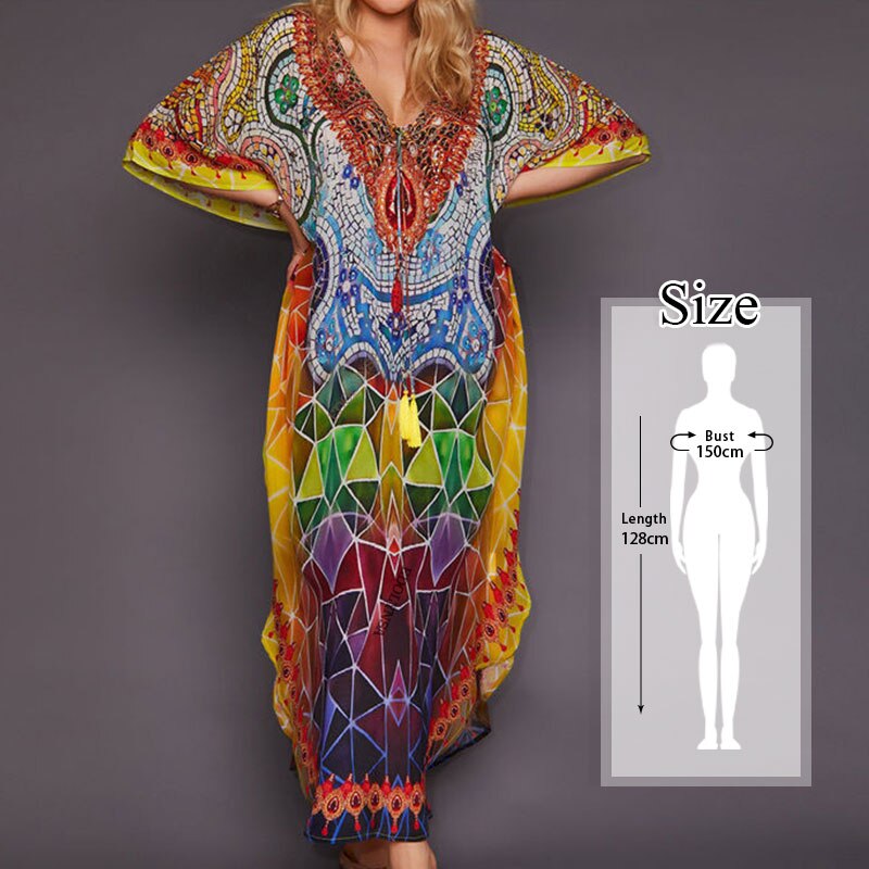 Marokkaanse Kaftan Bohemian Gedrukt Zomer Jurk Lange Katoenen Tuniek Vrouwen Plus Size Beach Wear Badpak Cover Up Robe de Plage: Q999