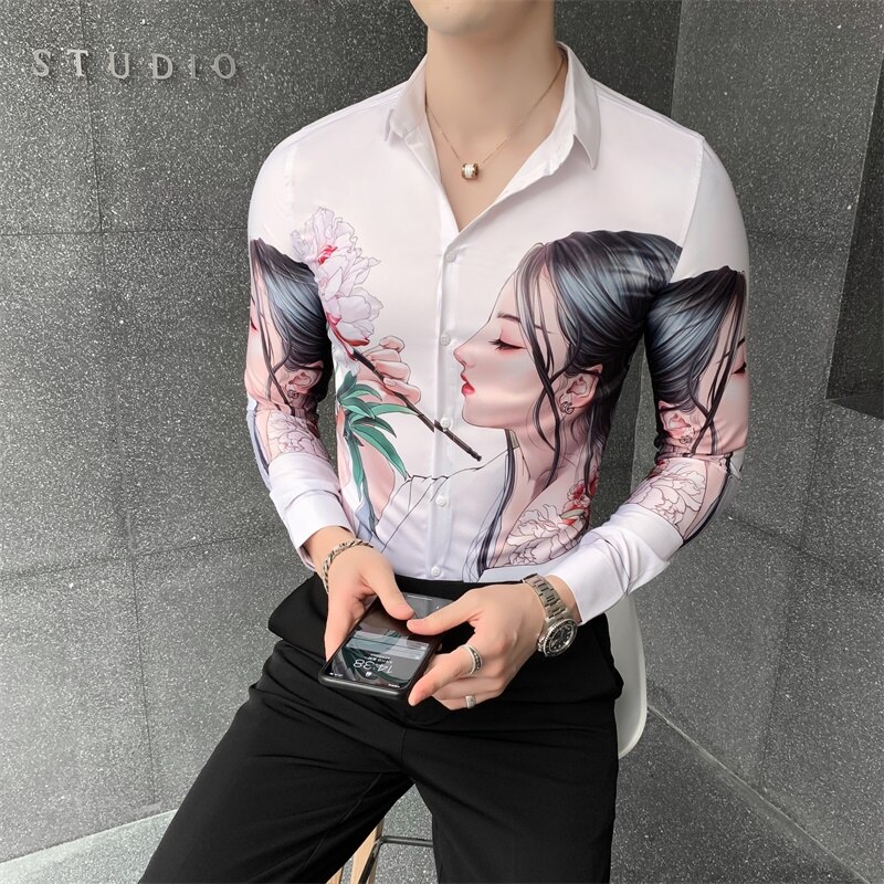 Camisa social masculina streetwear miesten paita brittiläistä tyyliä miesten pitkähihaiset paidat painatus korealaiset miesten paita rento slim fit: Valkoinen / Korean xxxl 72-77kg