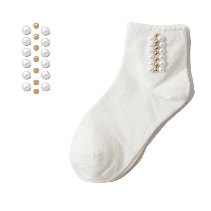 Black/White Korean Reto Pearl Socks Women Elastic Cotton Handmade Meias Socks Harajuku Calcetines Mujer