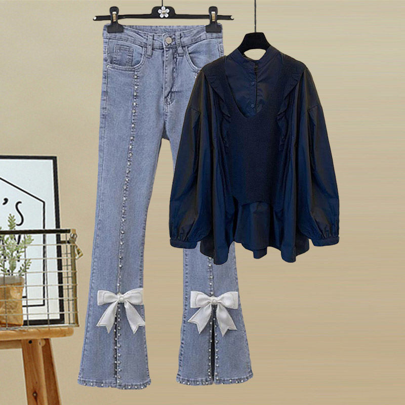 Autumn Ruffle Long Sleeve Knitted Sweater Splice Shirt Bowknot Jeans Two Piece Women's Pants Set: 4XL / black