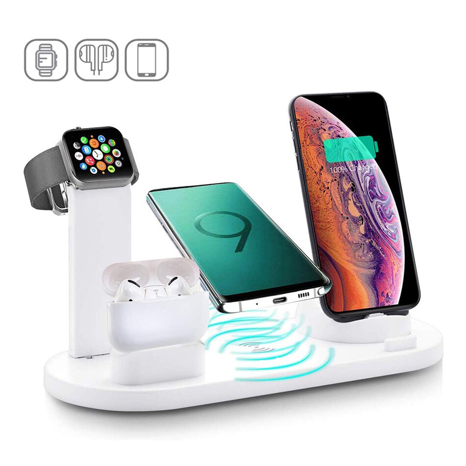 KEPHE 4 in 1 Wireless Charging Induction Charger Stand For iPhone 11 Pro X XS Max XR 8 Airpods Pro Apple Watch Docking Station: White