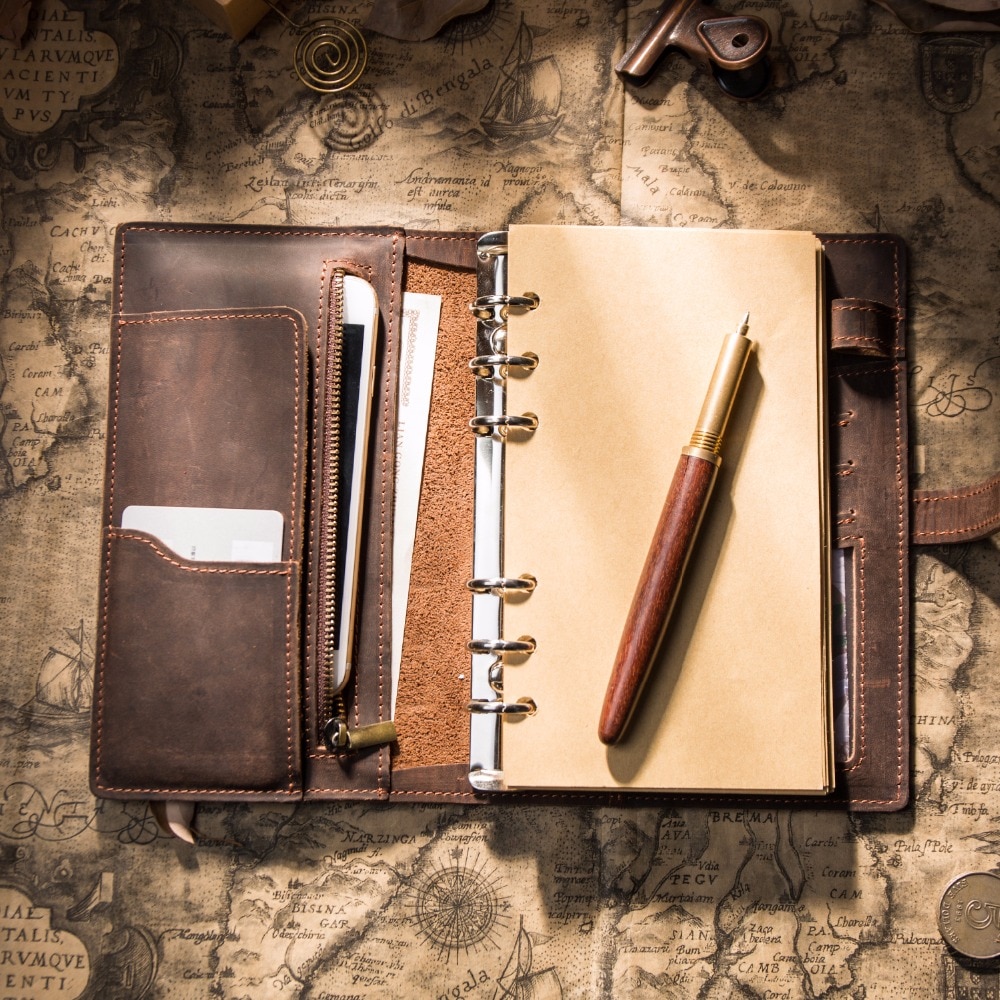 IPBEN Leather Notebook Travelers Journal Travel Planner a5 Note Book Diary filofax Handmade Calendar Postcard Stickers