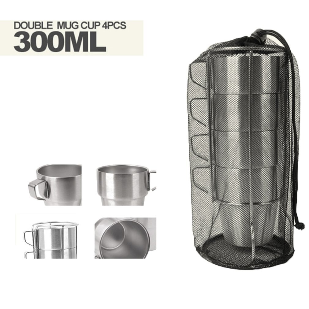 1 sæt 4 stk 300ml rustfrit stål camping kop krus udendørs camping vandreture folde bærbar te kaffe øl kop