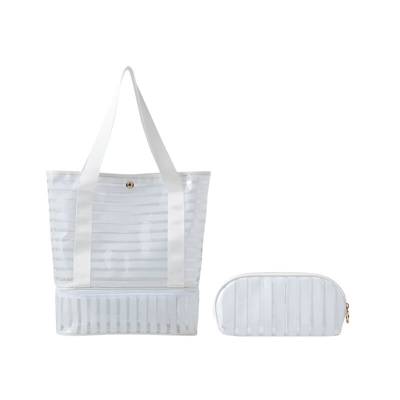 PVC Swimming Bag Transparent Handbags Strip Clear Beach Pool Swim Storage Bags For Women Tavel Waterproof Bag: White  2PCS