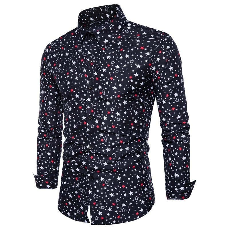 Skjorte med stjerner med print til mænd afslappet herretøj koreansk streetwear langærmede slim fit skjorter hvide top skjorter til mænd  mb14: Sort / Xxl