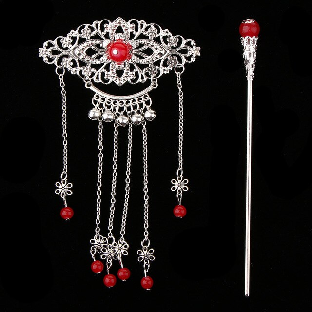 Women Retro Traditional Chinese Wedding Floral Tassels Bells Hair Stick Chopsticks Headwear Hairstick Jewelry: Red