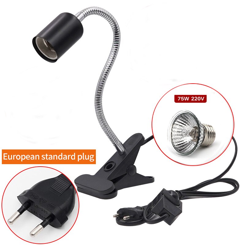 Uva/uvb E27 Pet Reptile Aquarium Heat Lamp Clip-On Bulb Adjustab Holder Tortoises Basking Uv Heating Lamp Kit for Lizard Turtle: EU holder and 75w