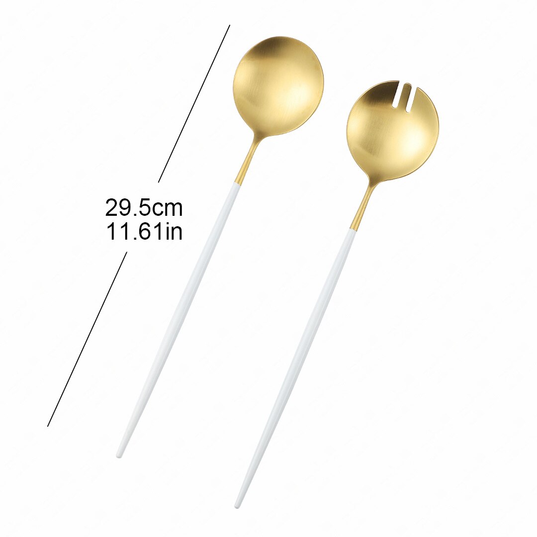 304 Stainless Steel Serving Spoon Set Kitchen Large Salad Spoon Fork Cutlery Set Dinning Server Steel Utensils Salad Scoop Fork: white gold