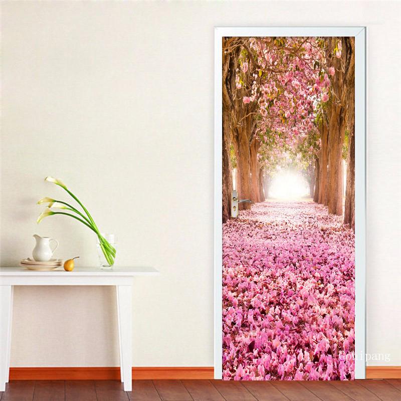 3D Deur Stickers Trouwzaal Woonkamer Romantische Kersenbloesem Zelfklevende Pvc Waterdicht Home Decal 3D Vinyl Muurschildering decor