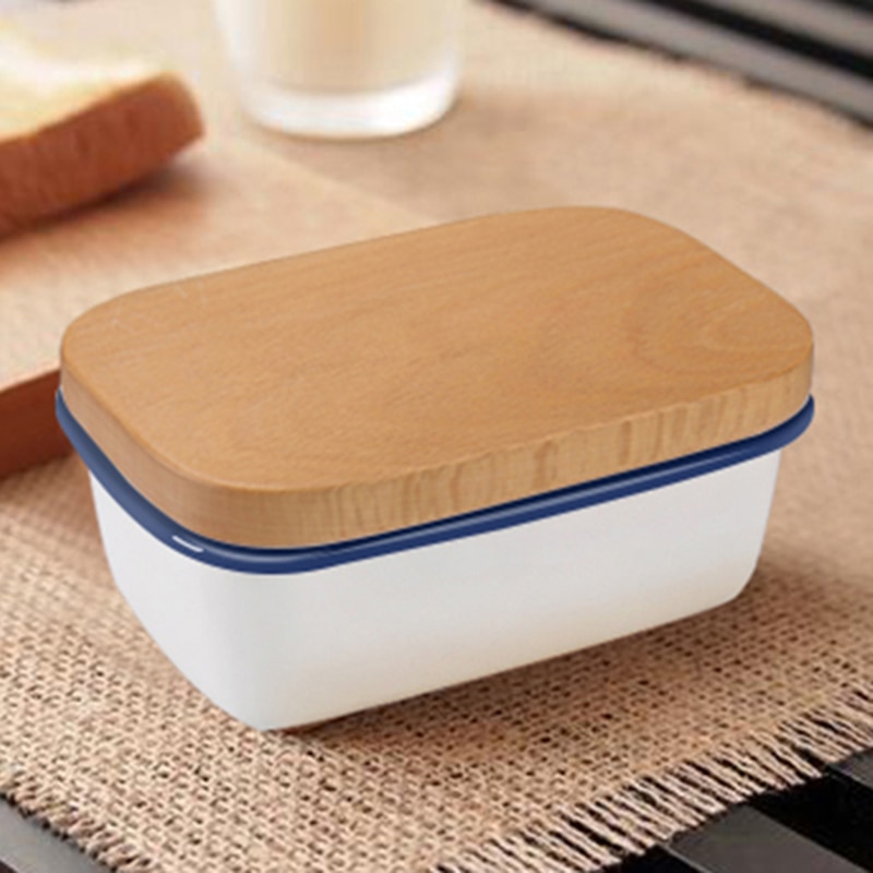 Butter Box Dishes Enamel Butter Container Plates Tray With Wooden Lid Cover Black White Storage Box