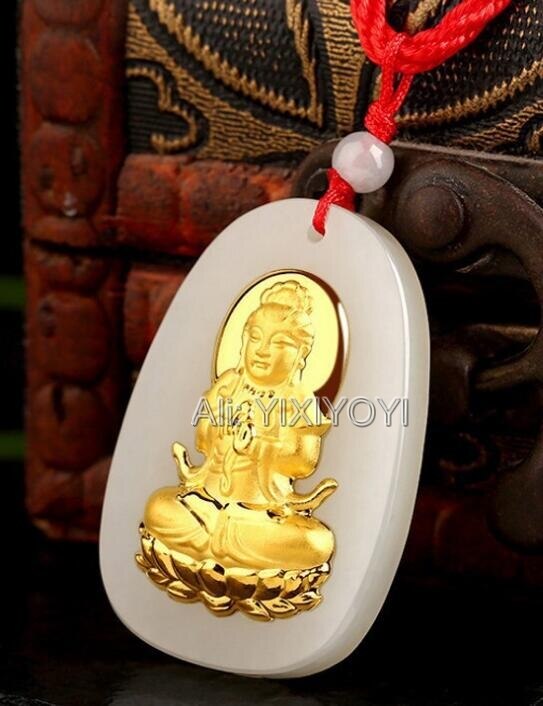 Natuurlijke Witte Tian + 18 K Solid Gold Ingelegd Chinese GuanYin Boeddha Amulet Lucky Hanger + Gratis Ketting Charm fijne Sieraden