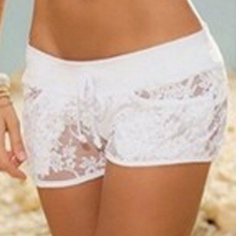 Nyaste elastiska kvinnor sport blommiga mjuka spetsshorts casual cavernous out do up välsignade sommar kort trosa: Vit / S