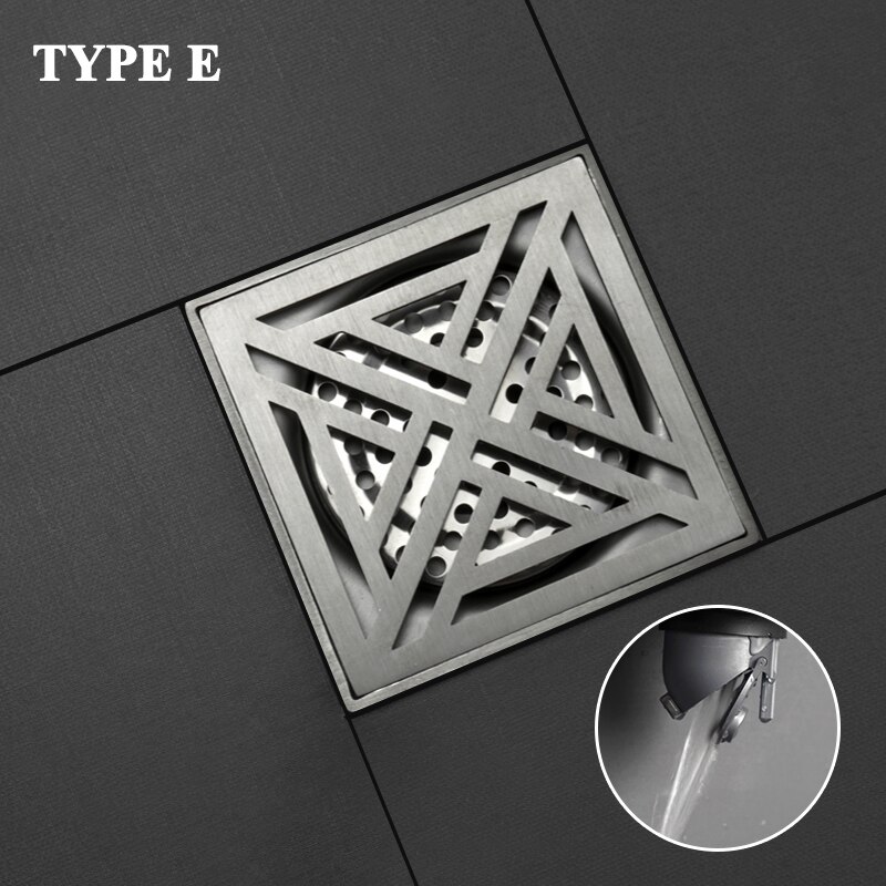 Desagüe de suelo de acero inoxidable SUS304 para cocina y baño, rejillas cuadradas duraderas para residuos, desagües de ducha de baño, 10x10 CM: Type E