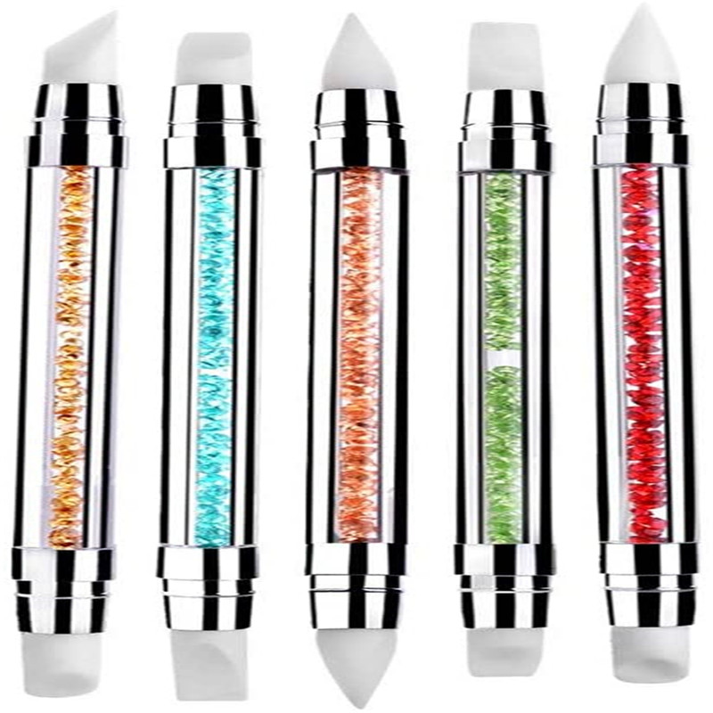 5Pcs 2 Way Nail Art Sculpture Pen Silicone Rhinestone Polish Emboss Carving Drawing Handle Nail Art Brush Manicure Tool Set: Default Title
