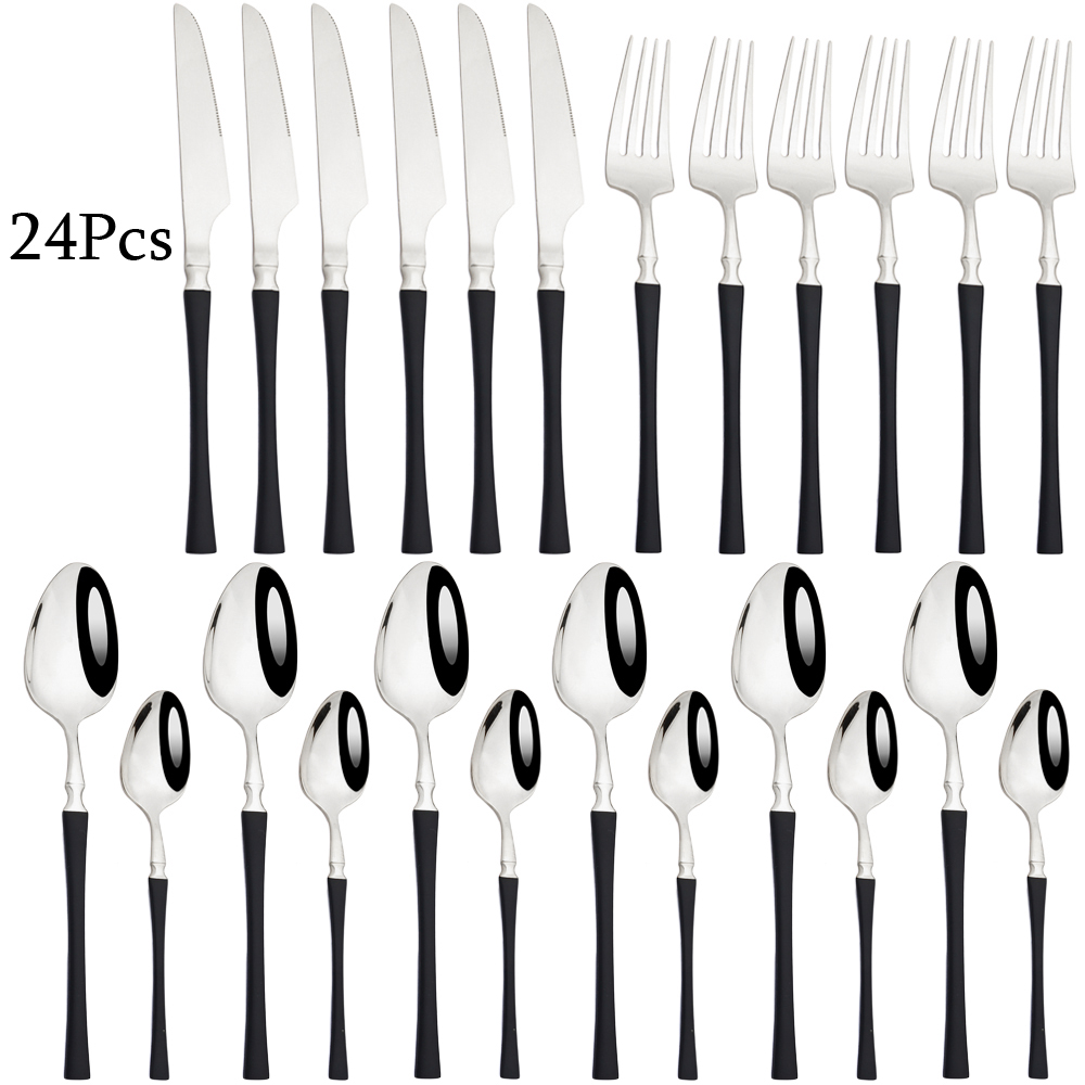 Couverts arc-en-ciel en acier inoxydable 304, 24 pièces, miroir, vaisselle, couteau, fourchette, cuillère à thé, couverts de cuisine, service d'argenterie: Black silver