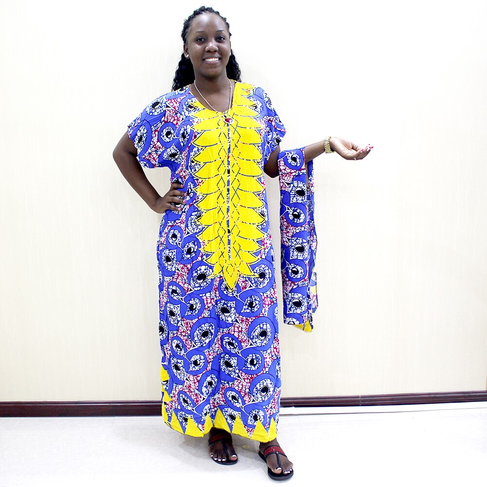 Neue Afrikanische kleidung Tranditional Lange verlieren Kleid Jahrgang Dashiki Kaftan ethnische afrikanische kleider für frauen mit schal: Blau