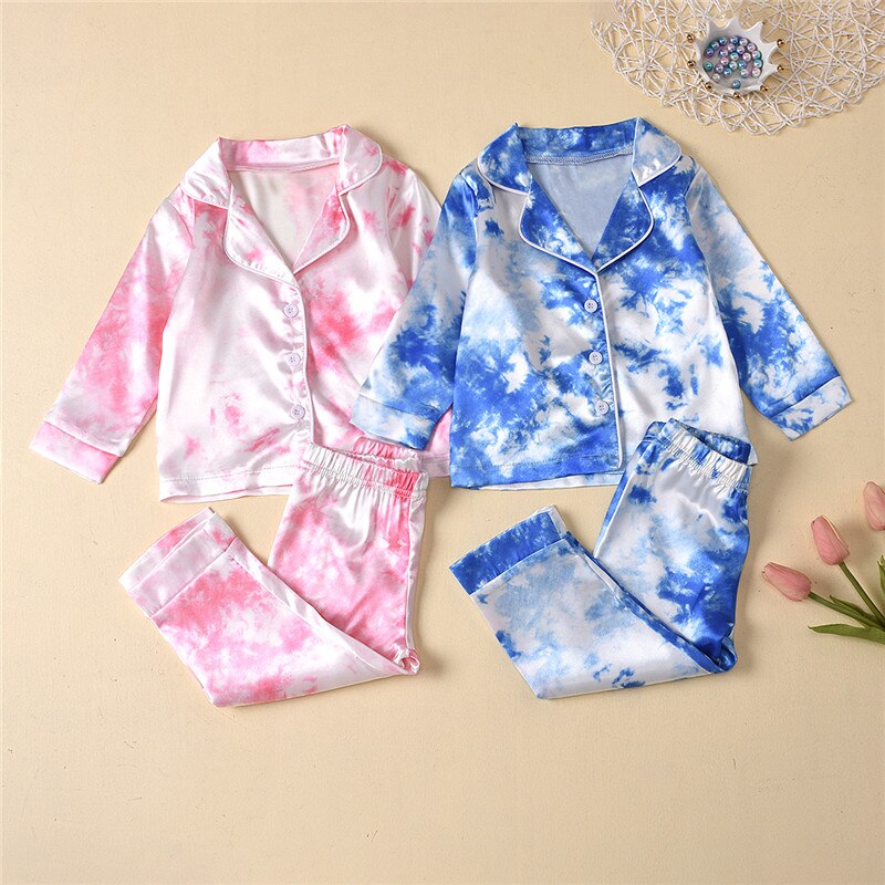 Børn dreng pige satin pyjamas sæt tie dye print revers lange ærmer knapper skjorte top+bukser 2 stk baby nattøj jakkesæt