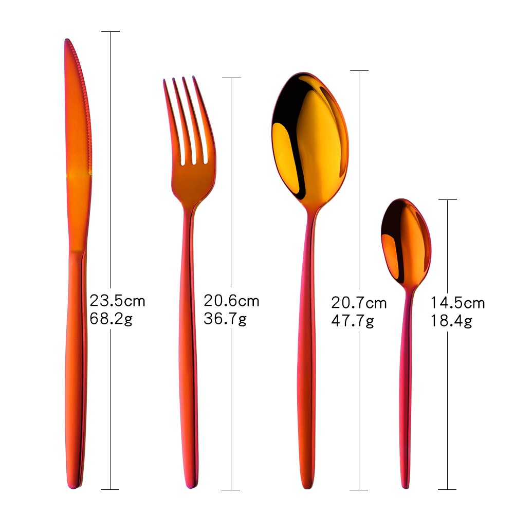 4 stk rustfrit stål guld servise sæt farverigt bestik sæt middag kniv gaffel ske regnbue bærbare bordservice redskaber hjem: Regnbue nr. .3