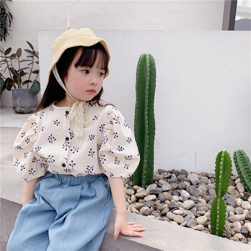 Camisas florales de manga abombada de estilo japonés para niñas, camisa holgada de lino 2022 con estampado de un solo pecho, ropa