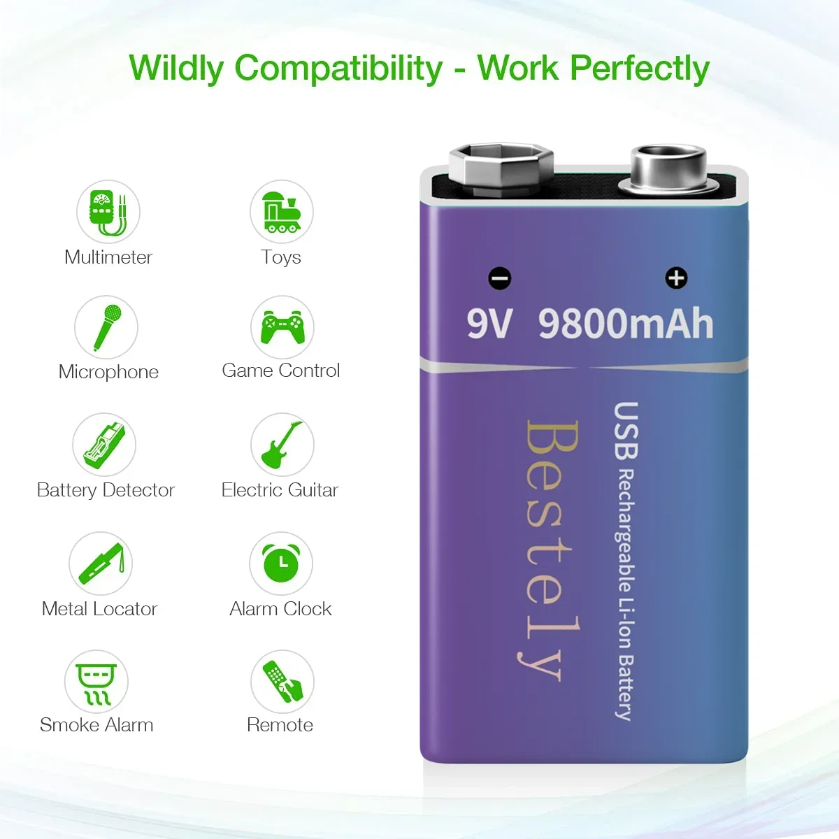 Battery Rechargeable 9V Lithium 9800mAh, Long Lasting 9v Li-ion Batteries with Cable ,for Smoke Detector,Alarms,Microphone