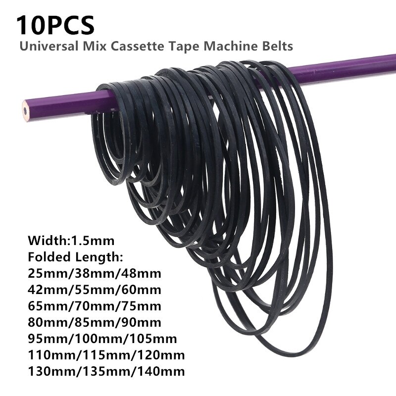 10PCS 1.5mm Width Universal Mix Cassette Tape Machine Belts Assorted Common Drive Flat Rubber Belt For CD DVD Recorders Walkman