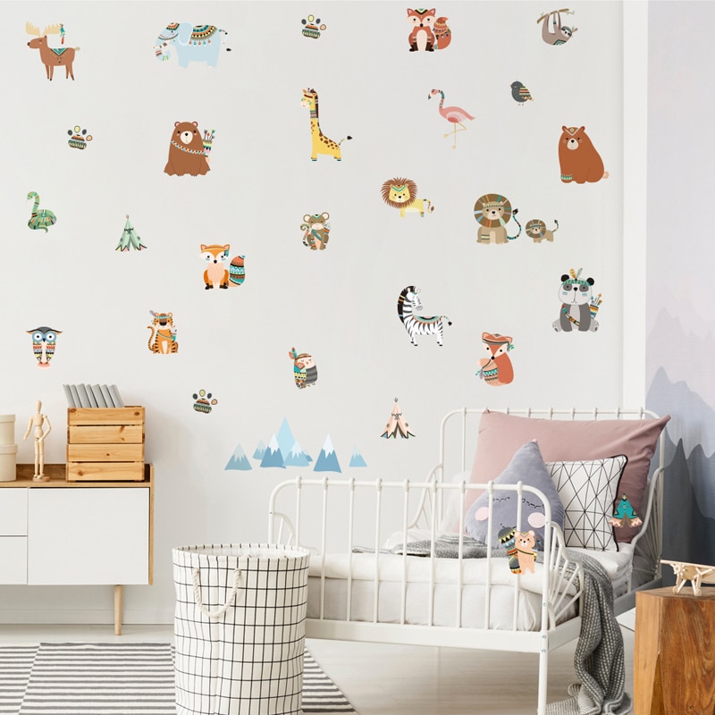 Tofok Ins adhesivos de pared de animales tribales creativos DIY estilo indio niños sala de estar TV sofá Fondo calcomanía Casa o guardería Decoración