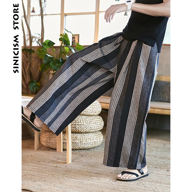 Mand bomuld linned brede ben bukser herre stribe straight flare bukser mandlige traditionelle baggy bukser behagelige åndbare bukser: Stribet (asiatisk størrelse) / Xxxl