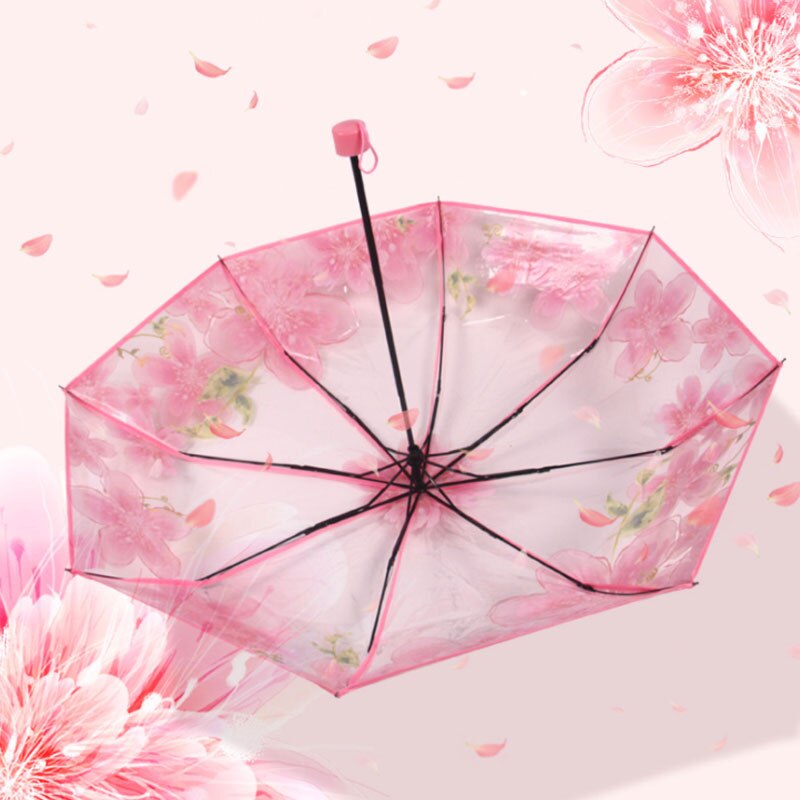 Yesello Transparent Clear Folding Umbrella Peach Blossom Women Rain Umbrella